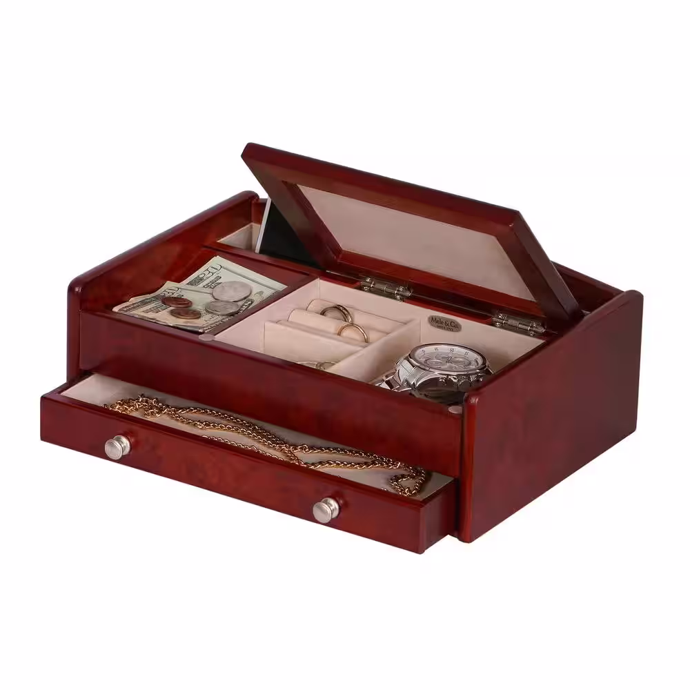 Mele & Co Davin Dark Burl-Wood Walnut Finish Wooden Valet Box