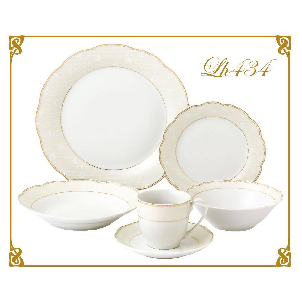 Lorren Home Trends 24-Piece Formal Gold Accent Porcelain Dinnerware Set