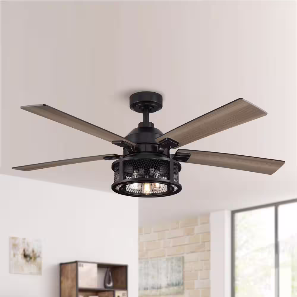 Parrot Uncle 52 in. Industrial Mesh Metal Reversible Blades Black Ceiling Fan with Remote Control and Light Kit