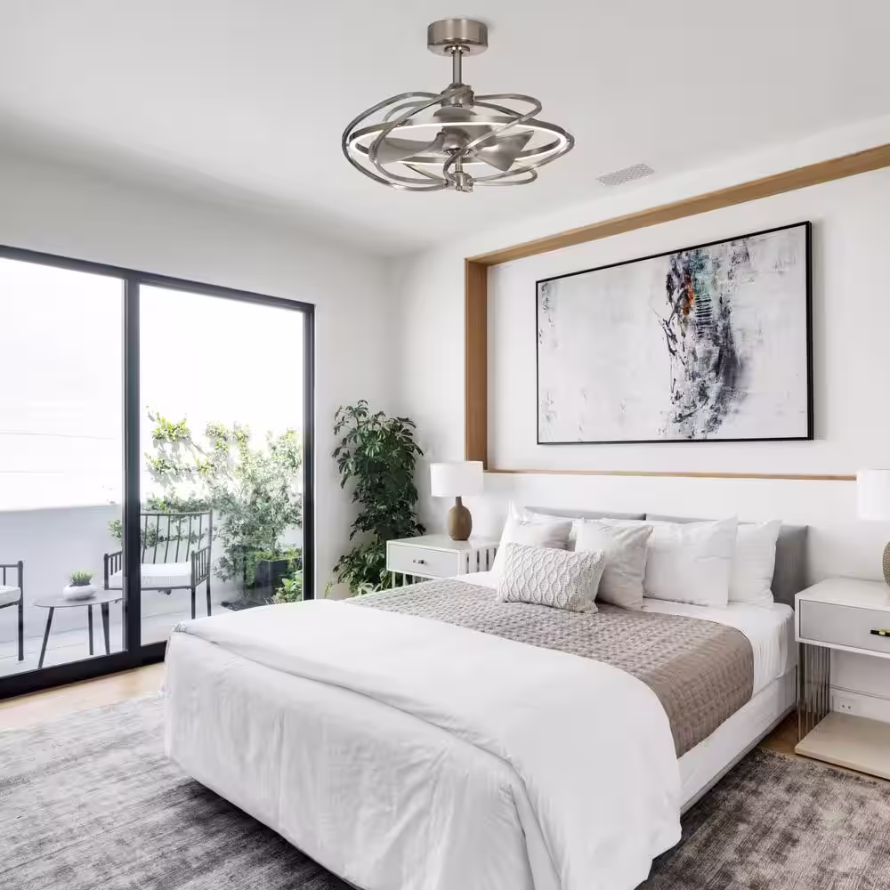 Parrot Uncle 27 in. Bucholz Satin Nickel Downrod Mount LED Chandelier Ceiling Fan with Light and Remote Control