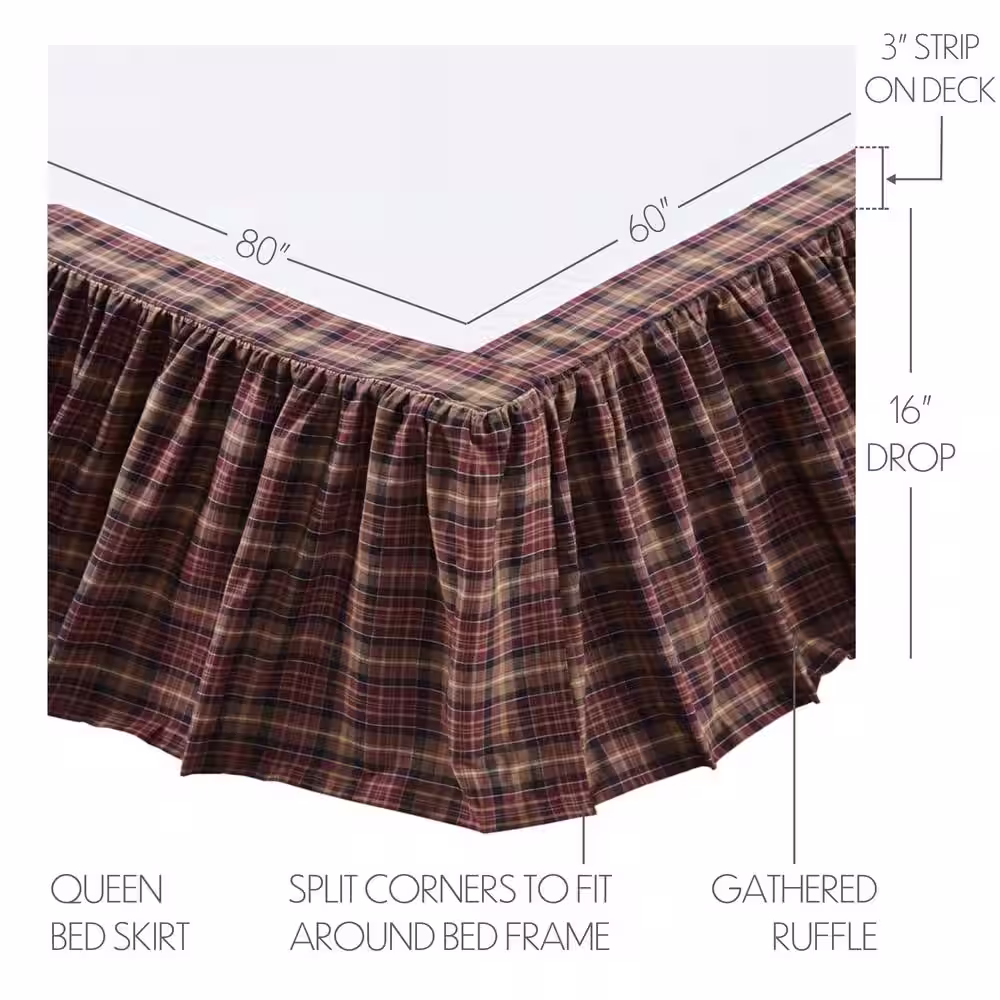 VHC BRANDS Abilene Star 16 in. Burgundy Brown Tan Plaid Queen Bed Skirt