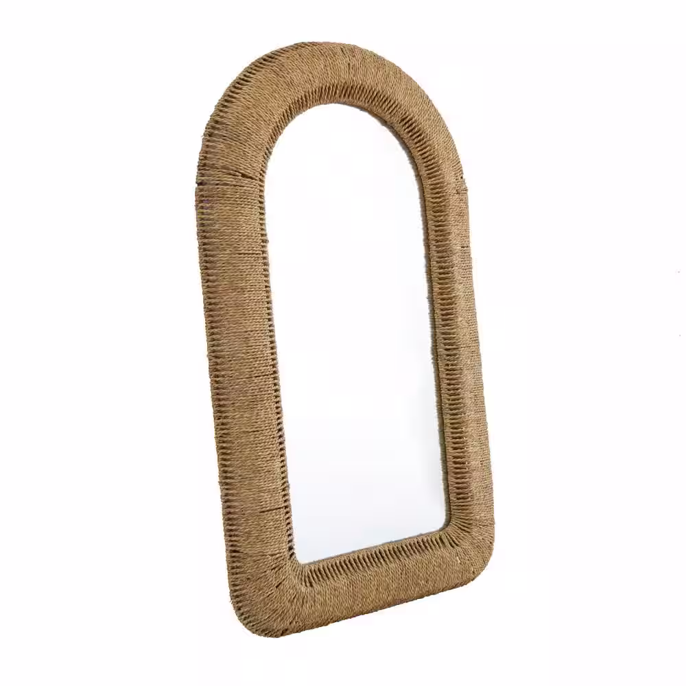 Litton Lane 48 in. x 27 in. Woven Rectangle Framed Brown Wall Mirror with Arched Top