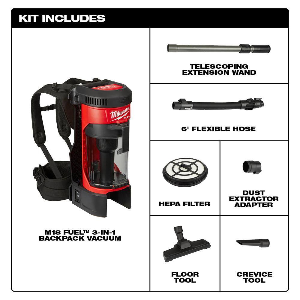 Milwaukee M18 FUEL 18-Volt Lithium-Ion Brushless 1 Gal. Cordless 3-in-1 Backpack Vacuum with M18 1/4 in. Compact Impact Driver Kit