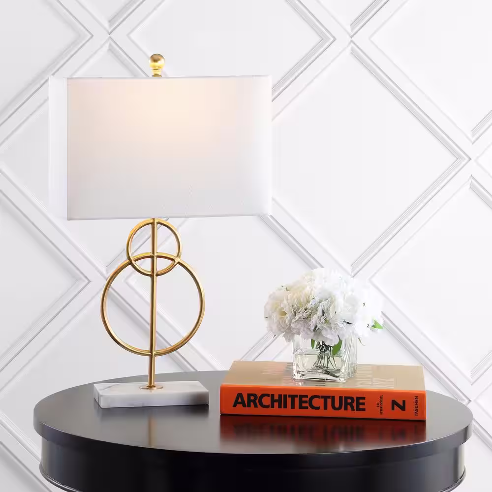 JONATHAN Y Haines 26 in. Modern Circle Marble/Metal LED Table Lamp, Gold