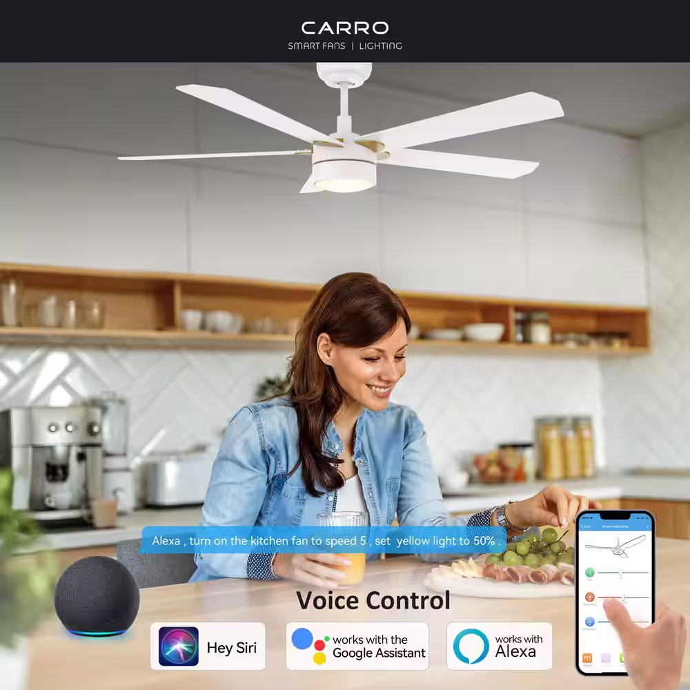 CARRO Granby 52 in. Integrated LED Indoor/Outdoor White Smart Ceiling Fan with Light and Remote, Works with Alexa/Google Home