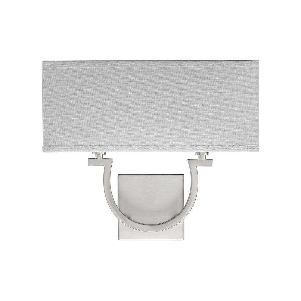 Savoy House Rhodes 14 in. W x 12 in. H 2-Light Satin Nickel Wall Sconce with White Linen Shade