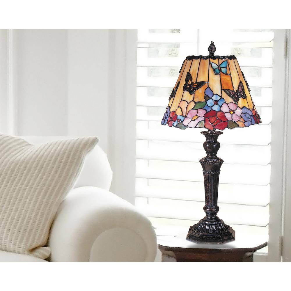 Dale Tiffany 24 in Butterfly Peony Fieldstone Finish Table Lamp with Tiffany Art Glass Table Lamp