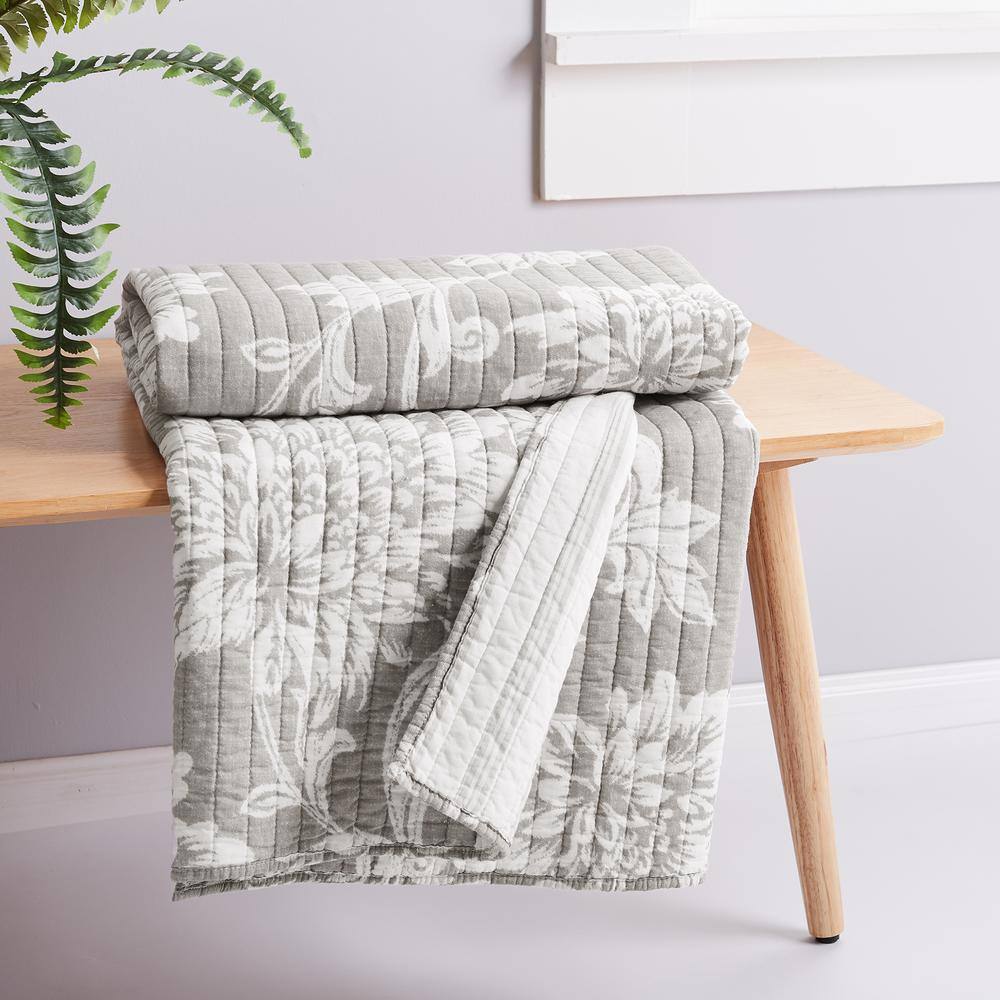 None Sanira Taupe White Floral/Stripe Quilted Cotton Throw Blanket