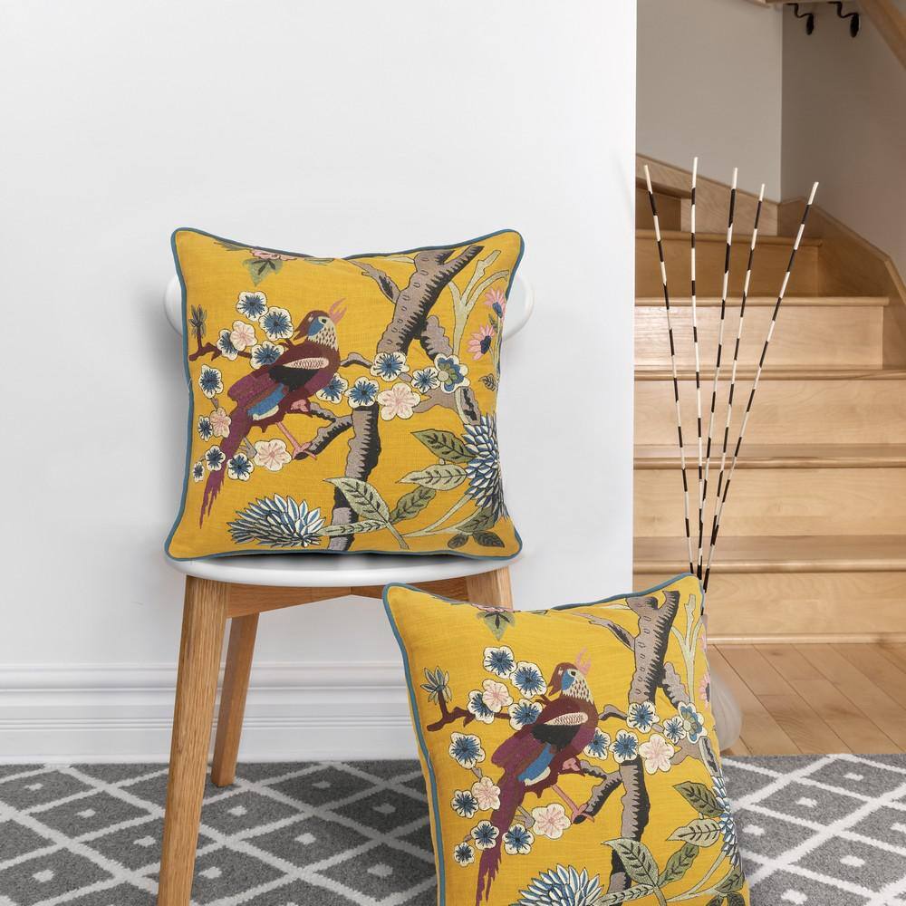 LR Home Scenic Yellow Floral Birds Soft Poly-Fill 20in. x 20 in. Throw Pillow