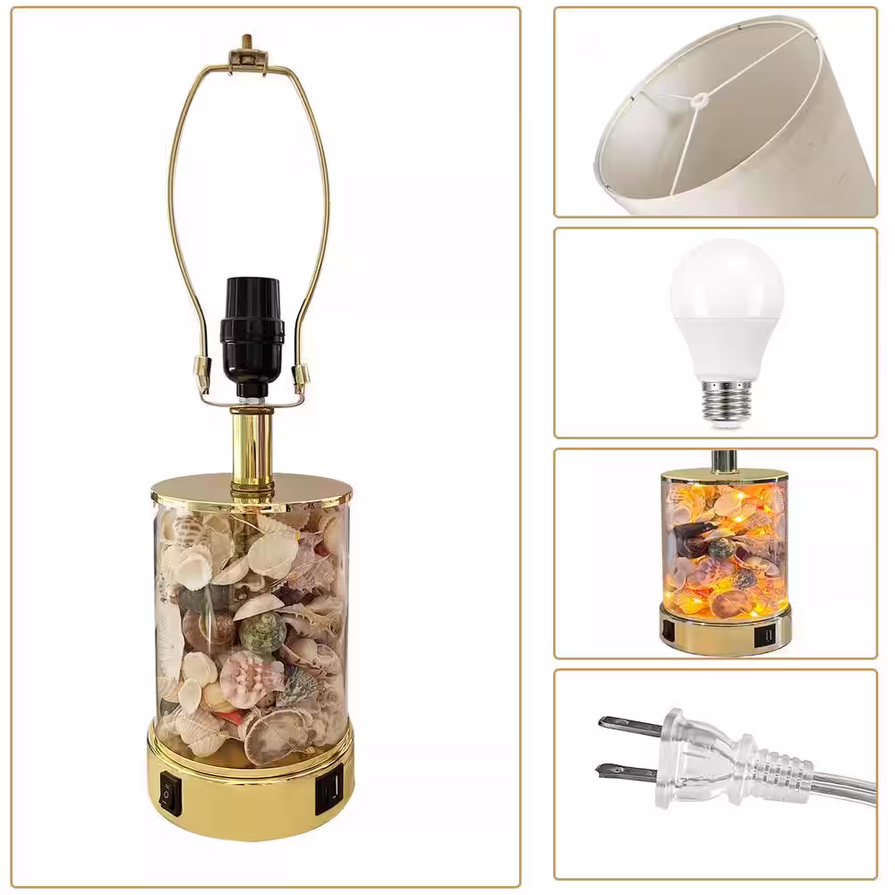 None 19 in. Gold Table Lamp with Seashell and Night Lights