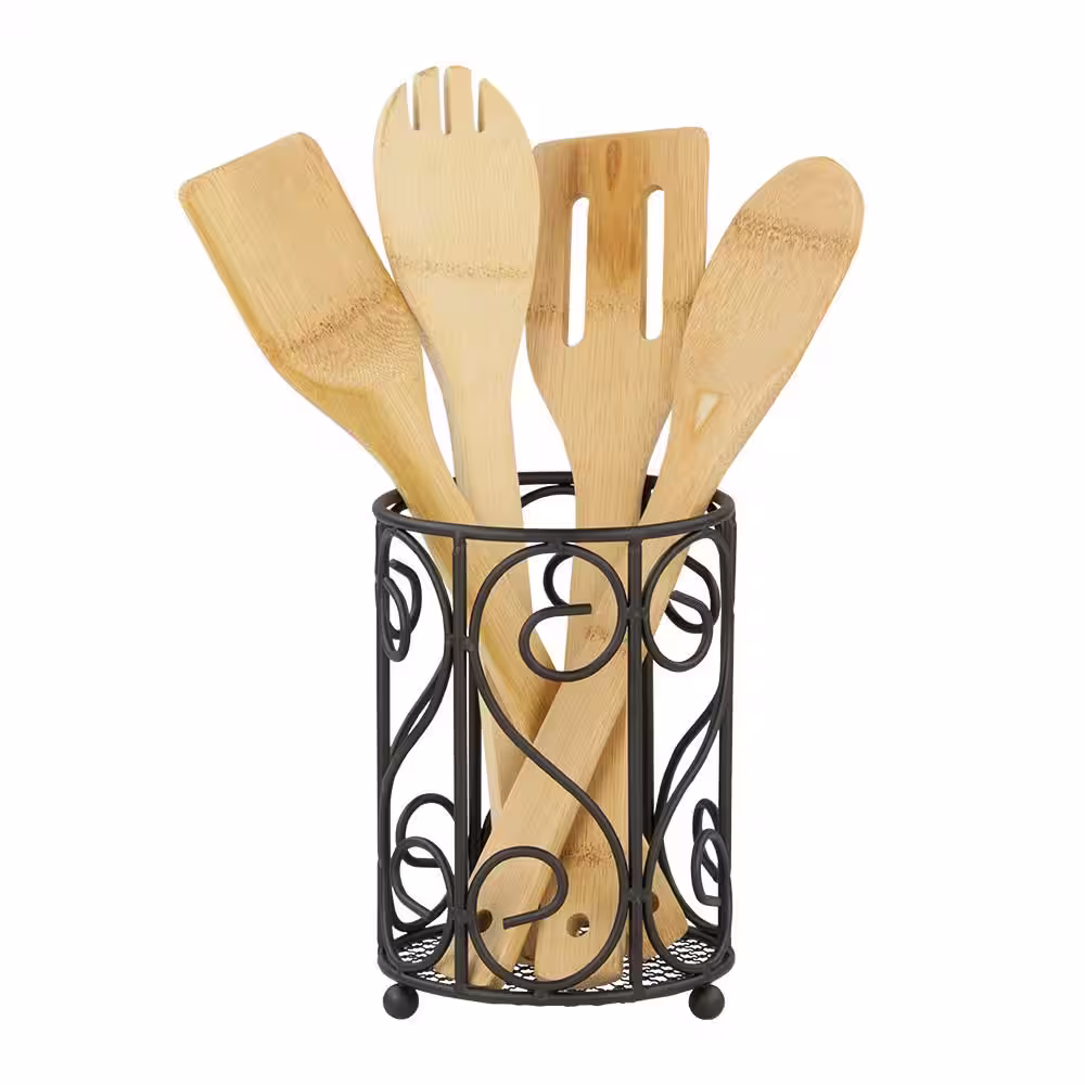 Home Basics Scroll Collection Black Steel Cutlery Holder with Mesh Bottom and Non-Skid Feet