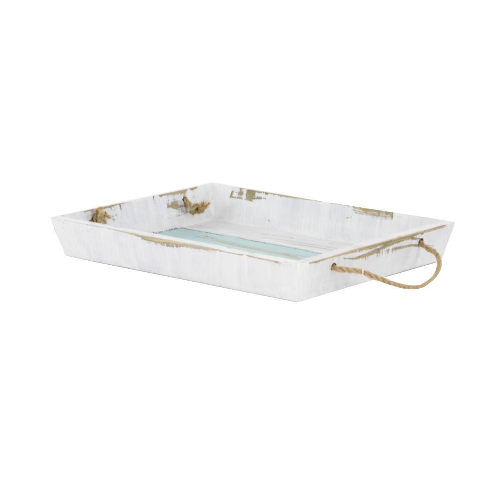 Litton Lane White Wood Decorative Tray with Blue Stripe (Set of 2)