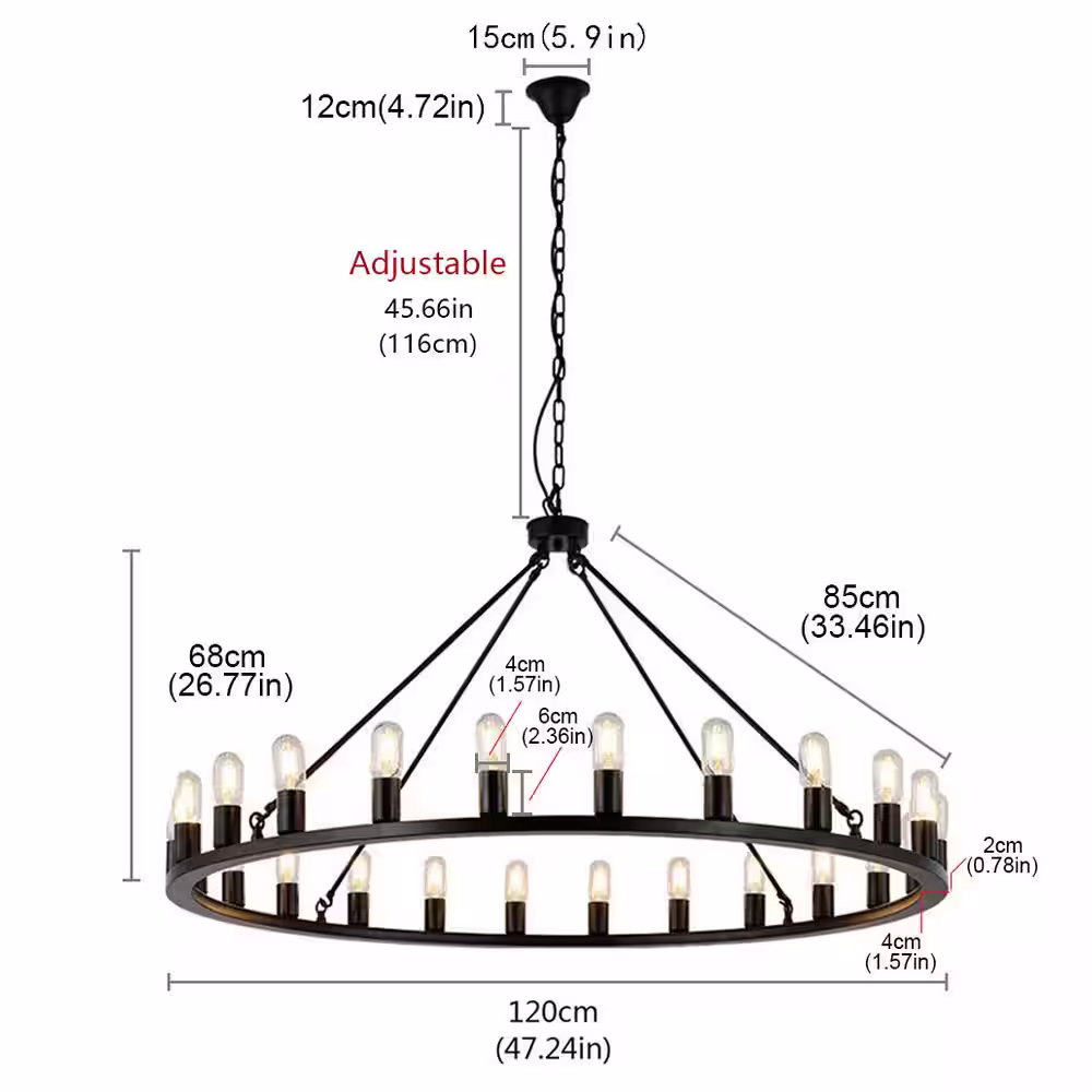 aiwen Industrial 24-Light Vintage Black Wagon Wheel Chandelier