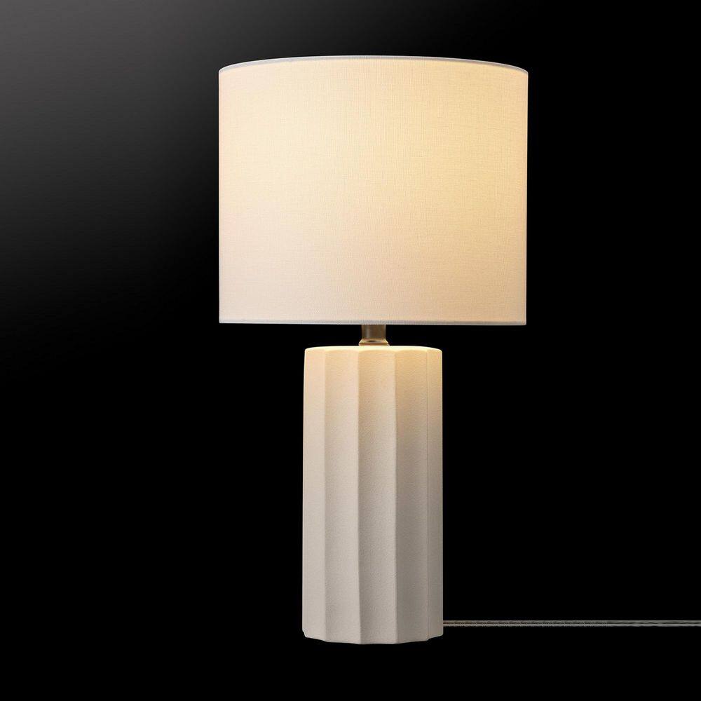 Globe Electric 20 in. Ribbed Concrete Finish Table Lamp with White Linen Shade