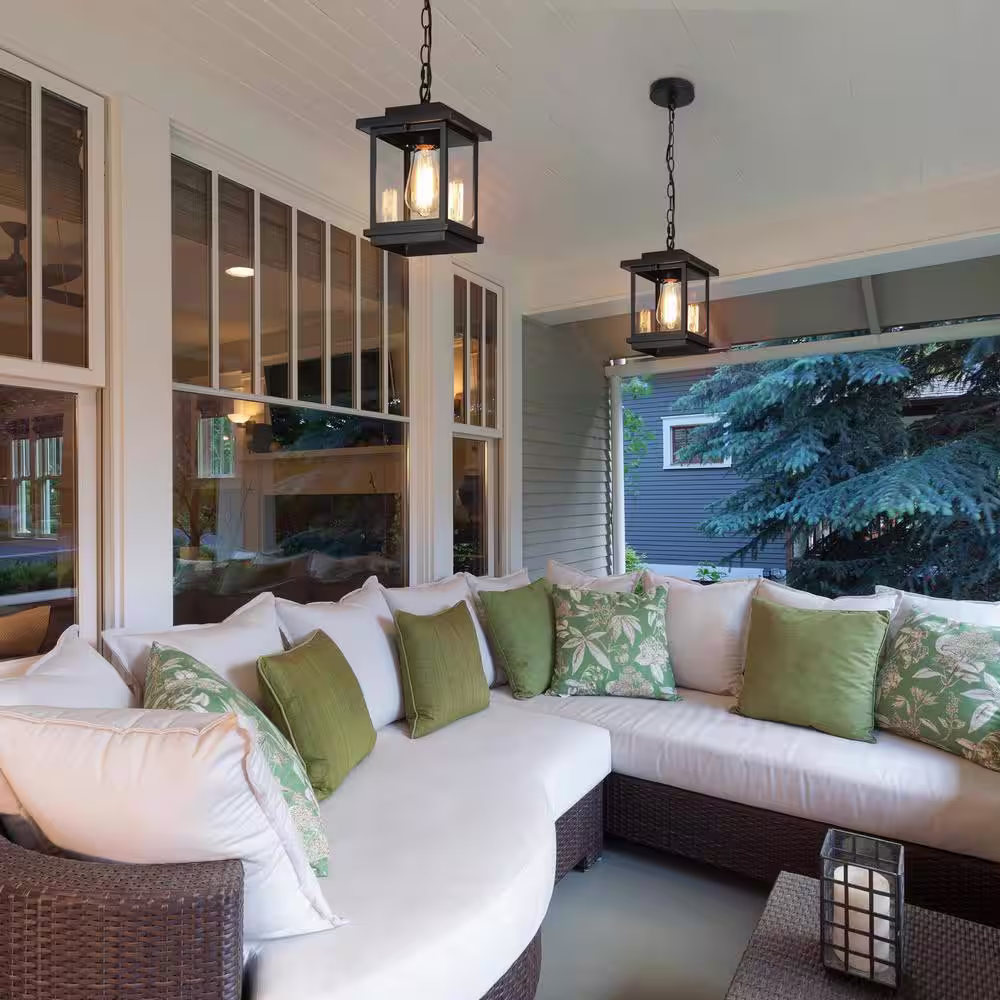 LNC Modern Coastal Black Square Outdoor Pendant 1-Light Hanging Lantern with Clear Glass Shade for Covered Porch Gazebo