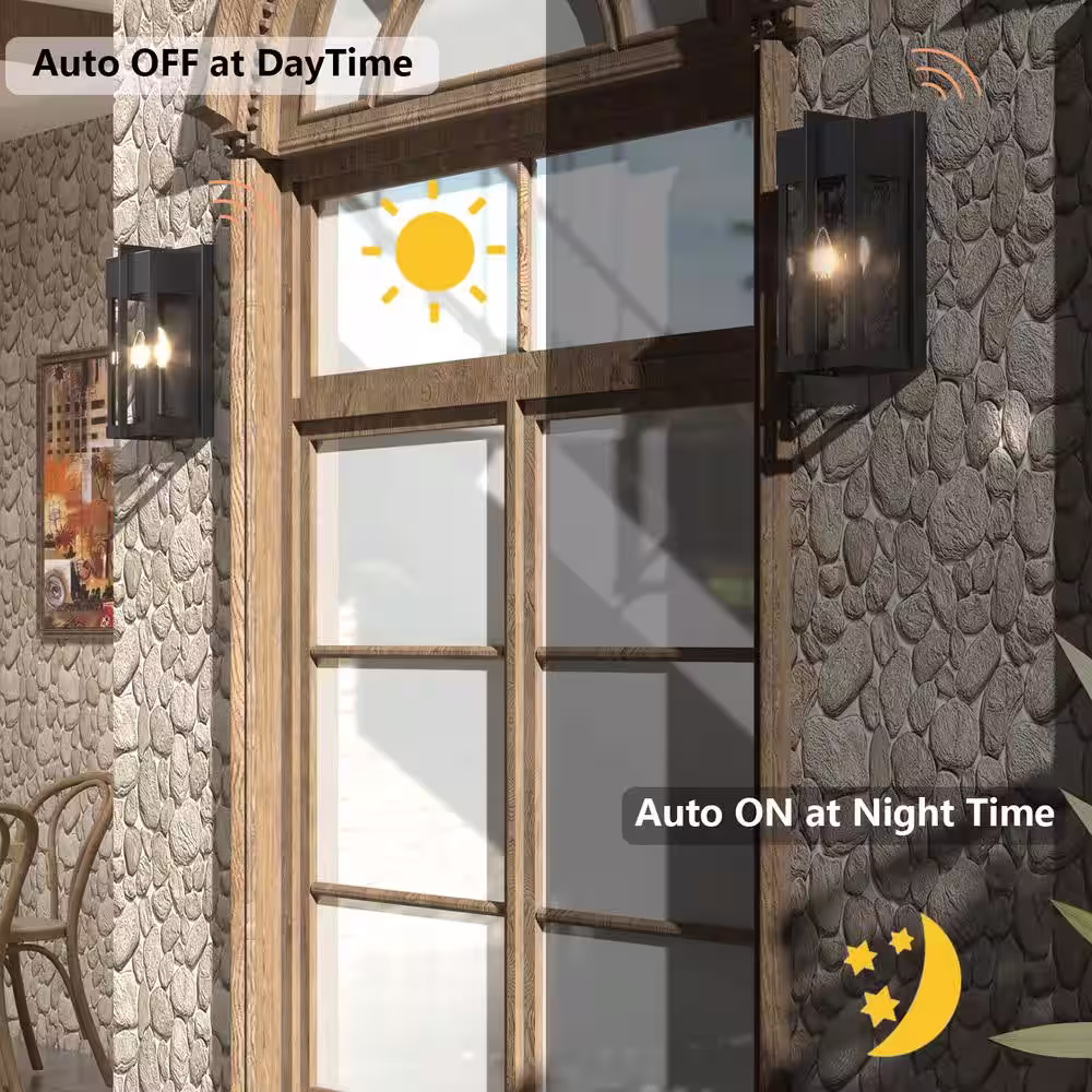 Maxax Montpelier Black 13 in. H 2-Light Outdoor Hardwired Water Glass Wall Lantern Sconce with Dusk to Dawn