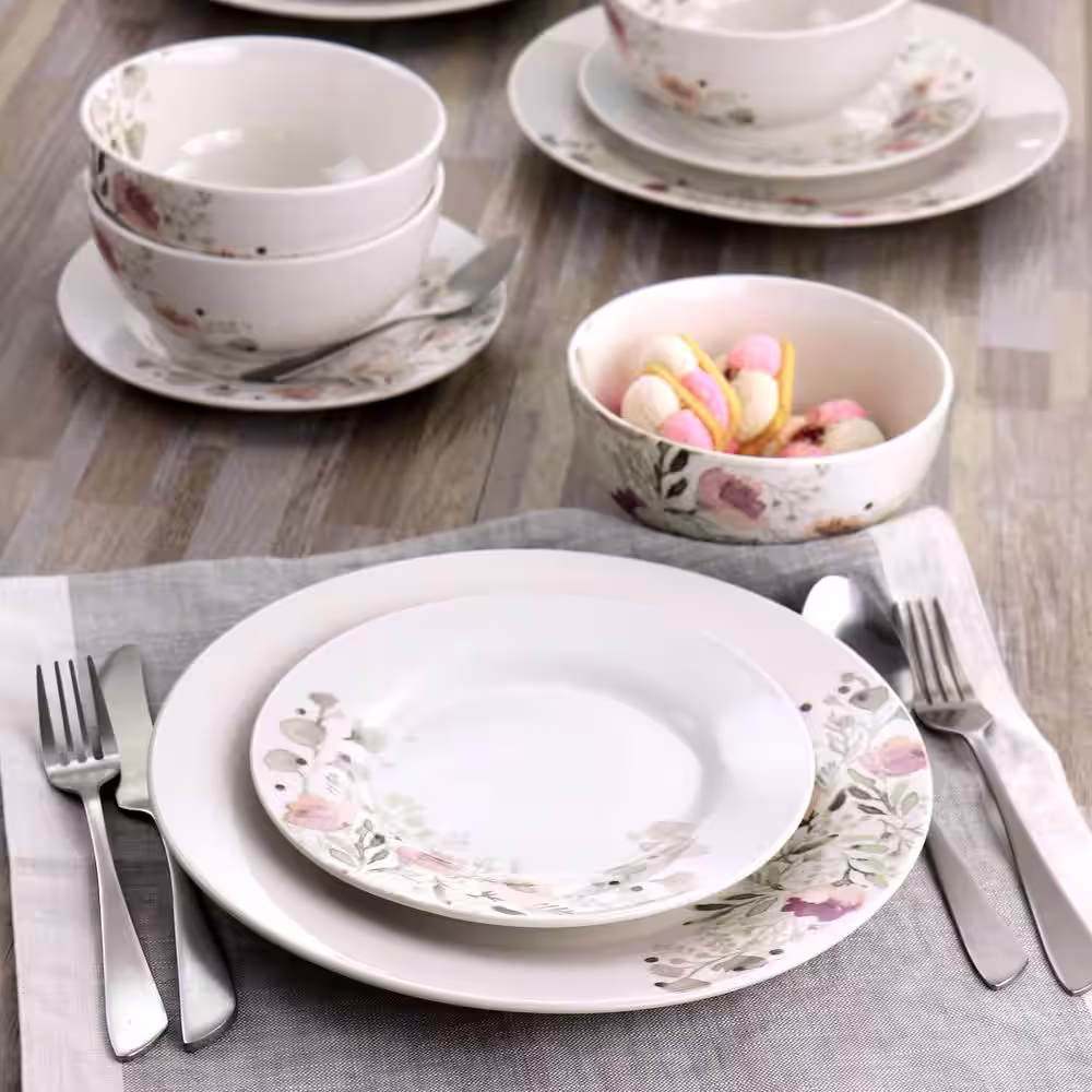 GIBSON HOME Lily Garden Ceramic 12-Piece White and Pink Dinnerware Set