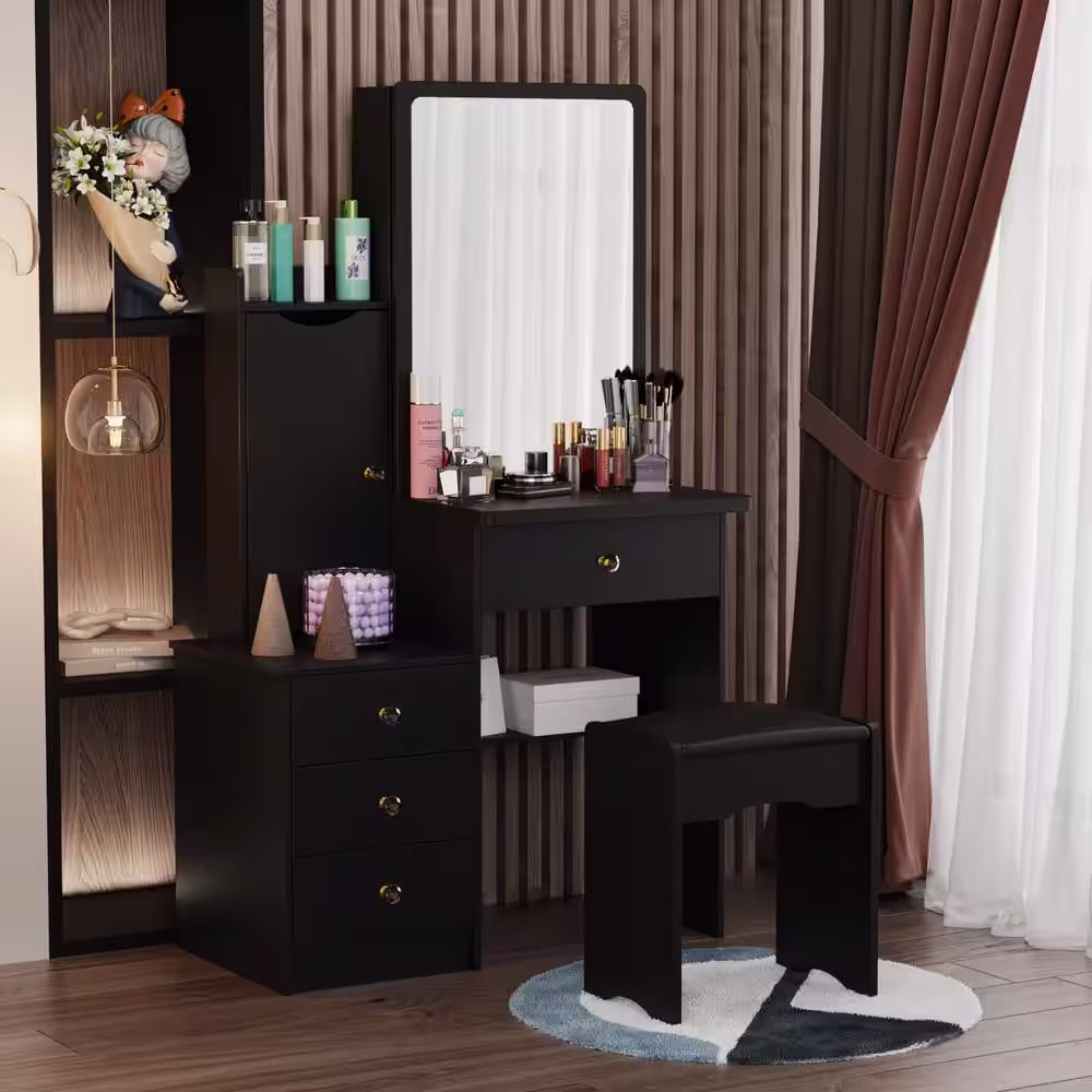 None Black Wood Sliding Big Mirror Makeup Vanity Sets Dresser Table Sets With Cabinet, Storage Shelves, 4-Drawers and Stool