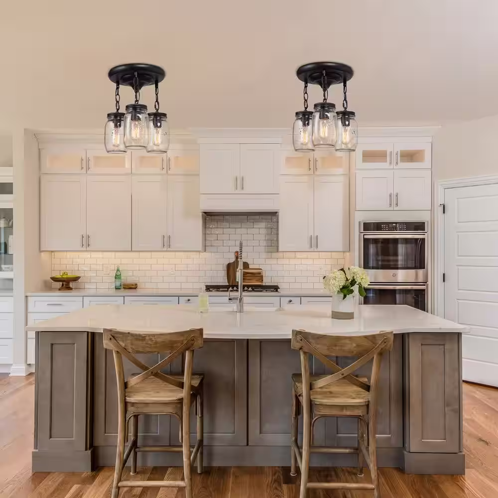 LNC Mina Coastal 10 in. 3-Light Oil-Rubbed Bronze Semi-Flush Mount Light with Mason Jar Shade Modern Farmhouse Ceiling Light