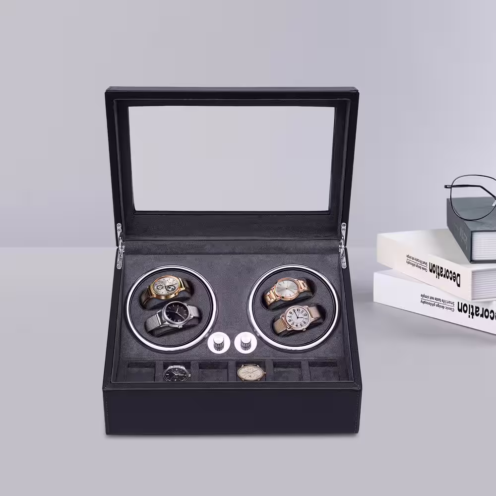 YIYIBYUS Rectangular Black PU Leather Automatic Watch Winder 4+6 Watch Storages with LED