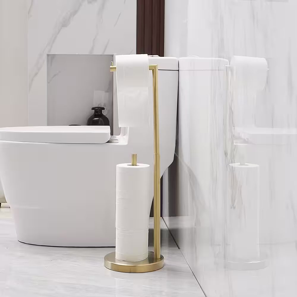 BWE Bathroom Freestanding Toilet Paper Holder Stand with Reserver in Brushed Gold