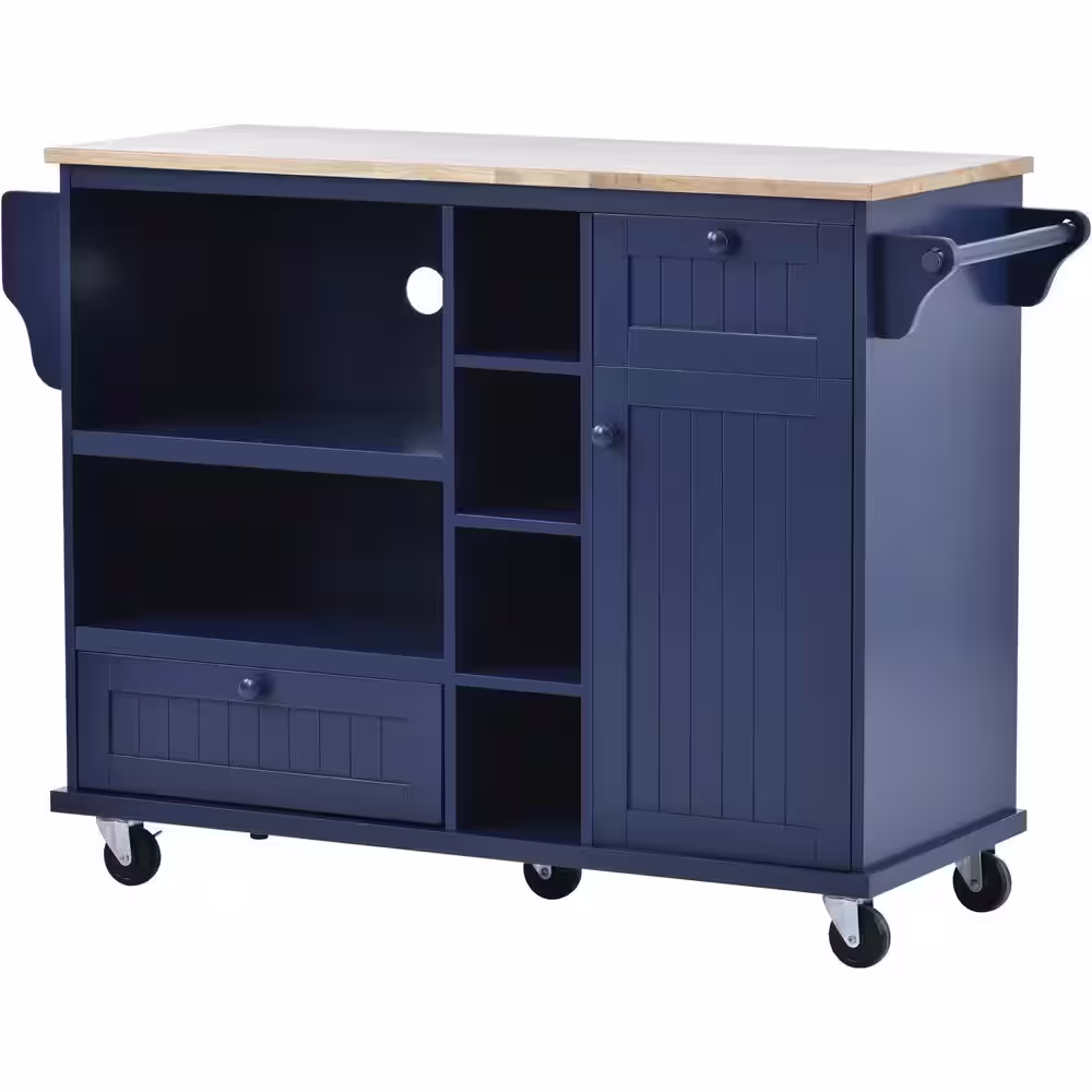 None Dark Blue Kitchen Island Cart with Wood Desktop, Microwave Cabinet, Floor Standing Buffet Server Sideboard