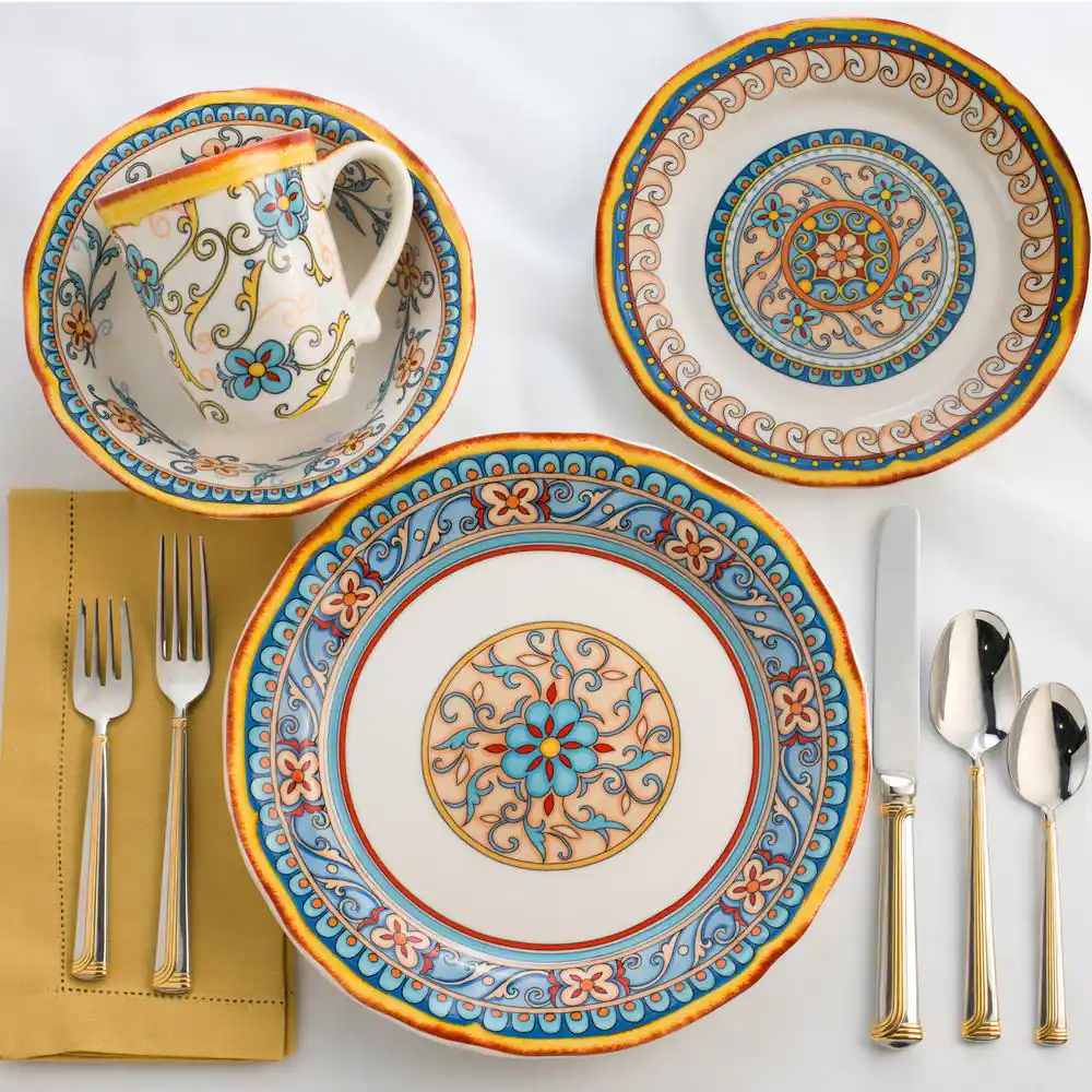 Euro Ceramica Duomo 16-Piece Patterned Multicolor/Italian Design Stoneware Dinnerware Set (Service for 4)