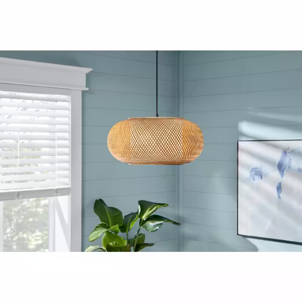 Hampton Bay Bayneswood 60-Watt 1-Light Natural Cane Pendant With Black Accents