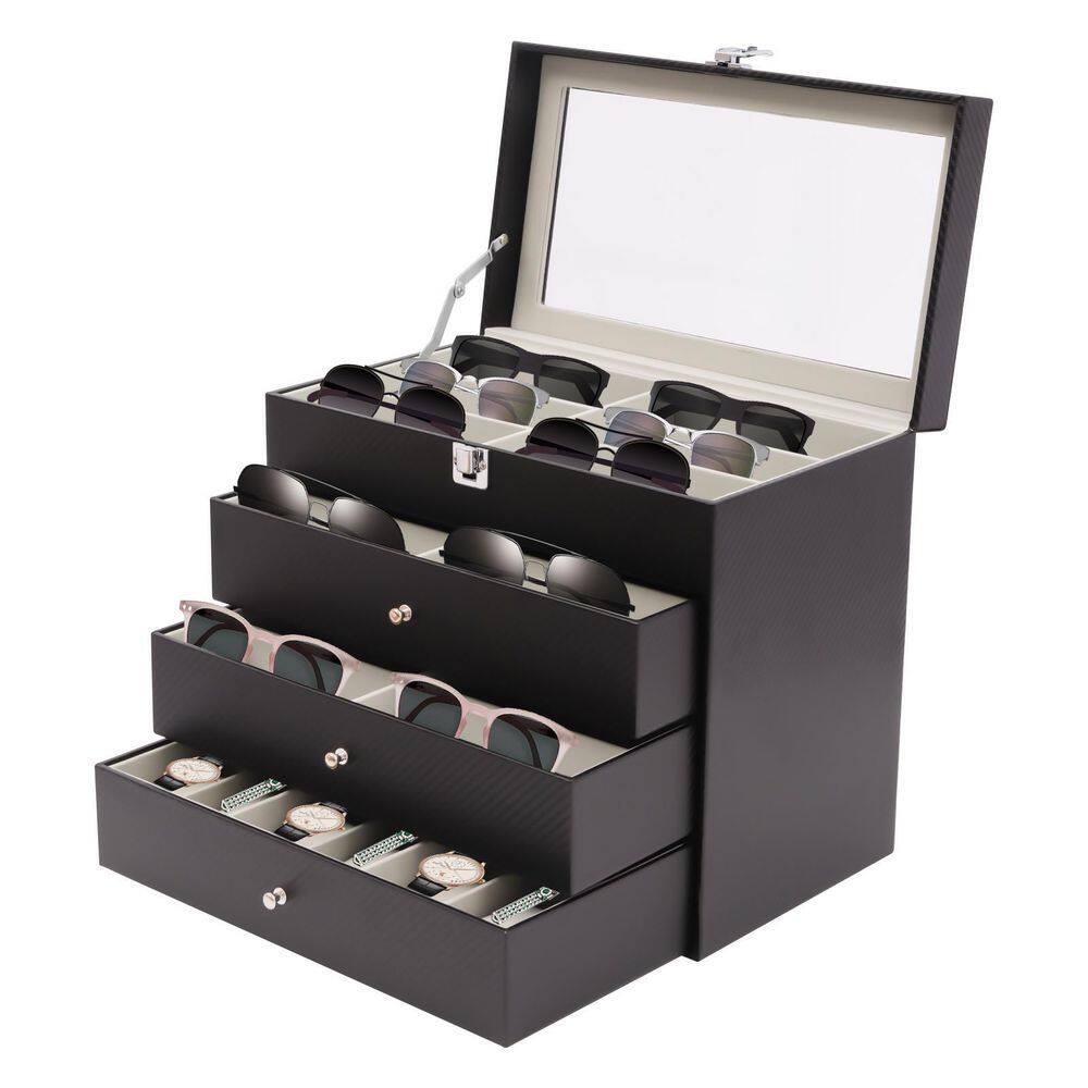 None 4-Layers Black PU Wooden Jewelry Eyeglasses Storage Box Lockable with Drawers