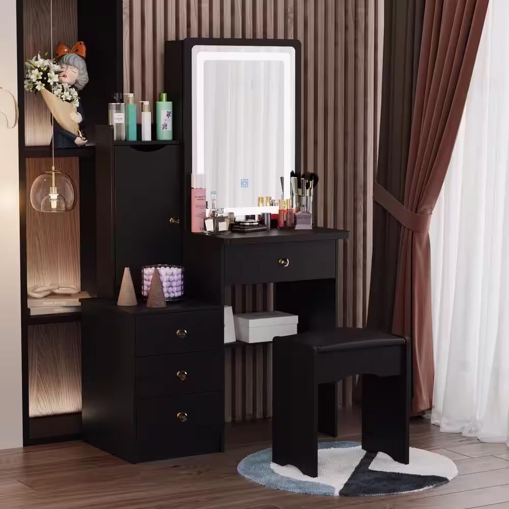 WIAWG 4-Drawers Black Wood LED Push-Pull Mirror Makeup Vanity Sets Dressing Table Sets with Stool, Door Cabinet, Shelves