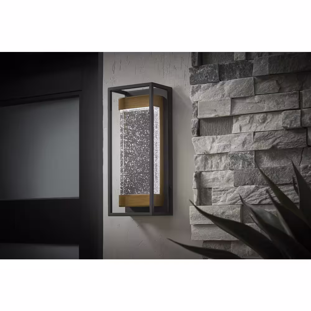Hampton Bay Lindley Modern 1-Light Black with Brass Strap Hardwired LED Outdoor Wall Lantern Sconce with Bubble Double Frame(1-Pack)