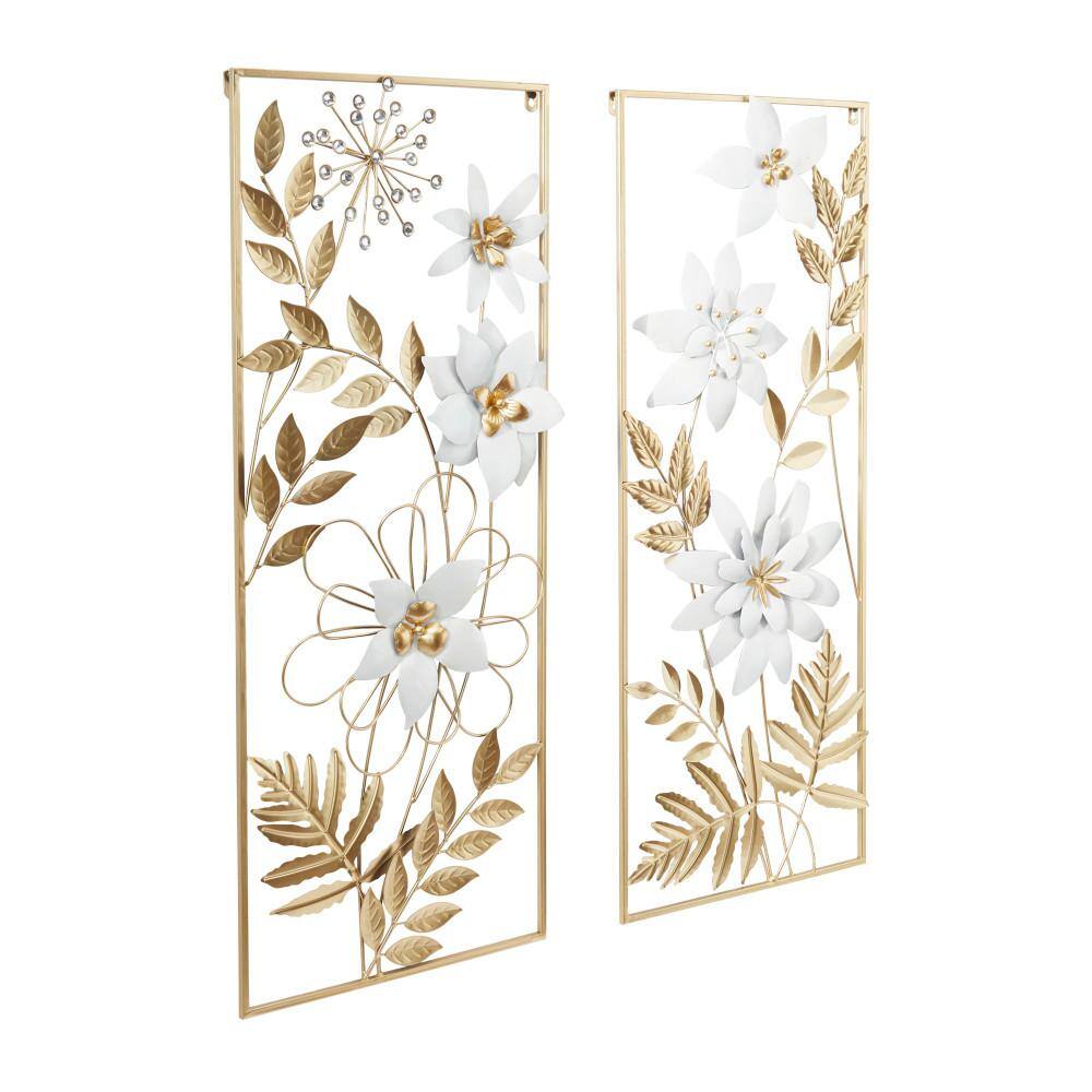 Litton Lane Metal Gold Floral Wall Decor with Gold Frame (Set of 2)