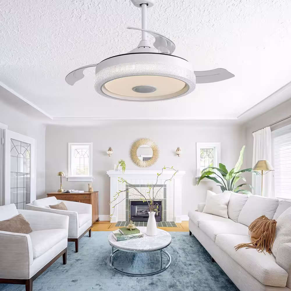 Sofucor 42 in. LED Indoor White Smart Retractable Ceiling Fan Light, Remote and APP Control for RGB Color and Bluetooth Speaker