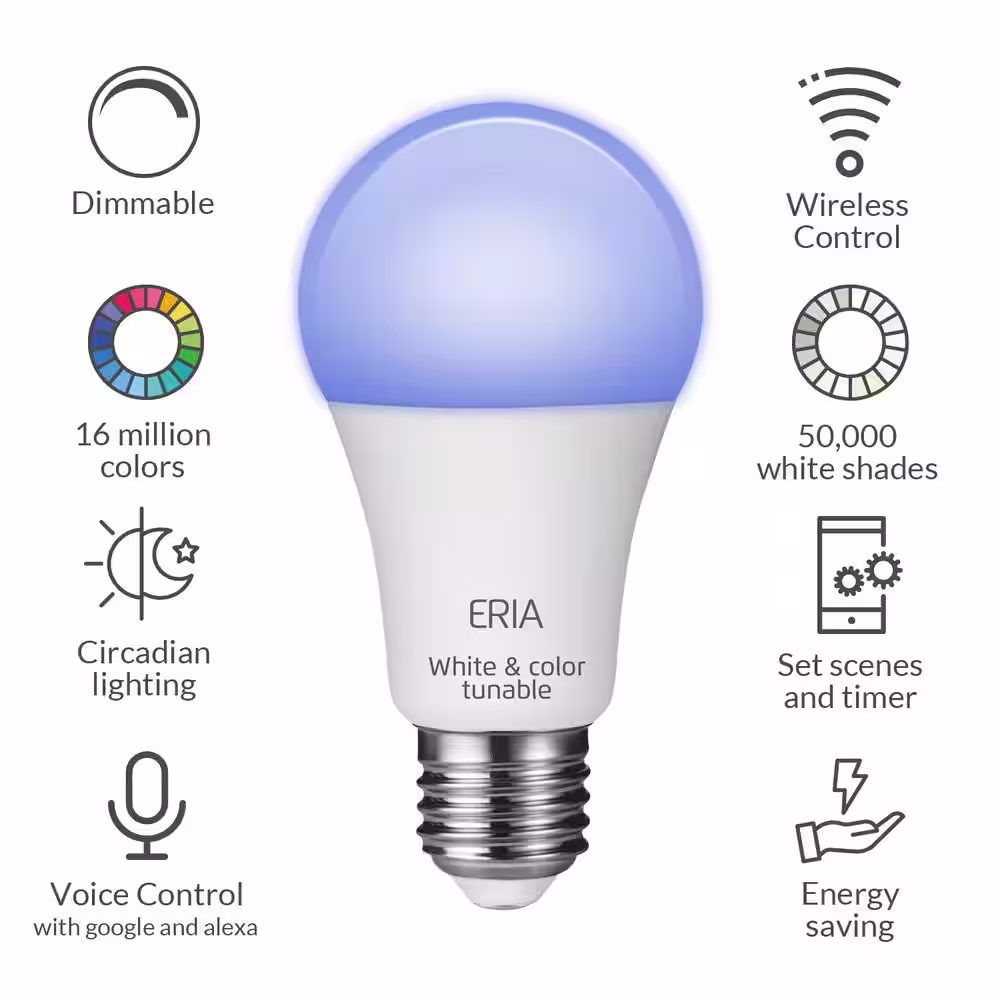 AduroSmart ERIA 60-Watt Equivalent A19 Dimmable CRI 90+ Wireless Smart LED Light Bulb Multi-Color