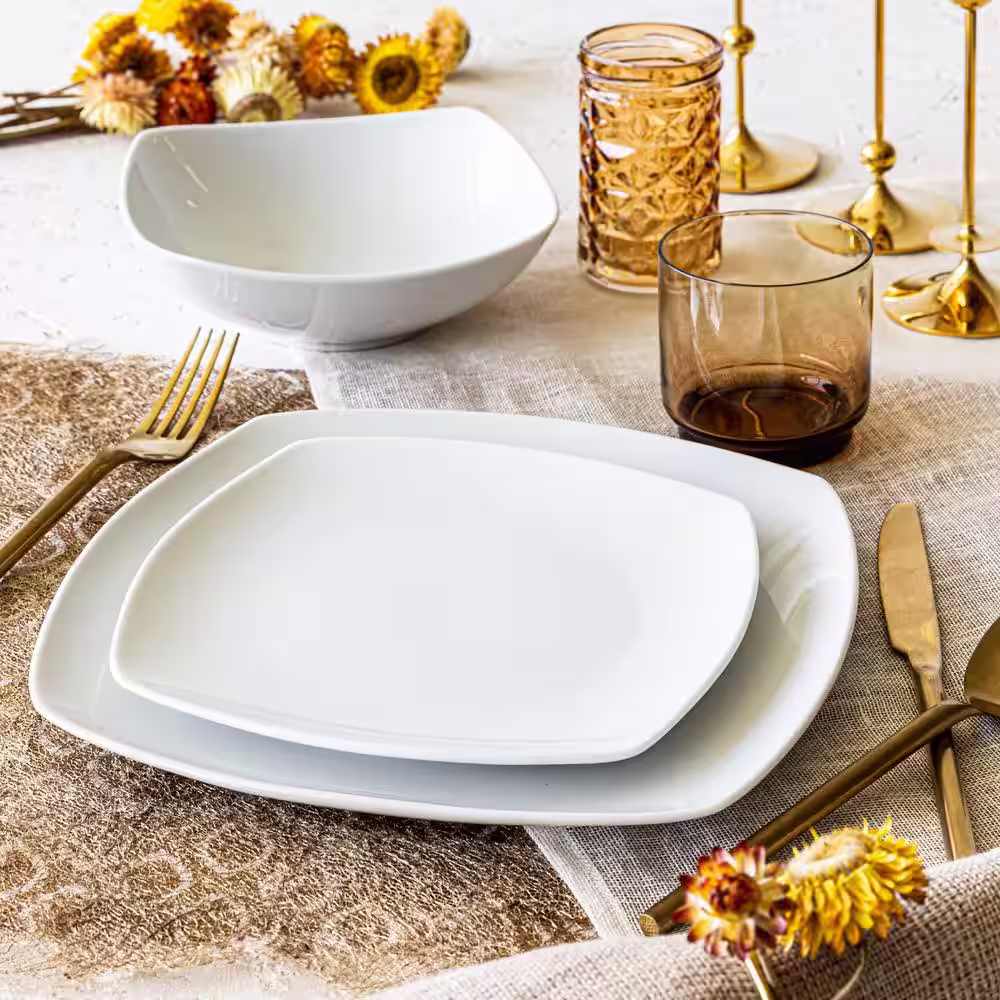 Over and Back 12 pc soft square white dinnerware set (service for 4)