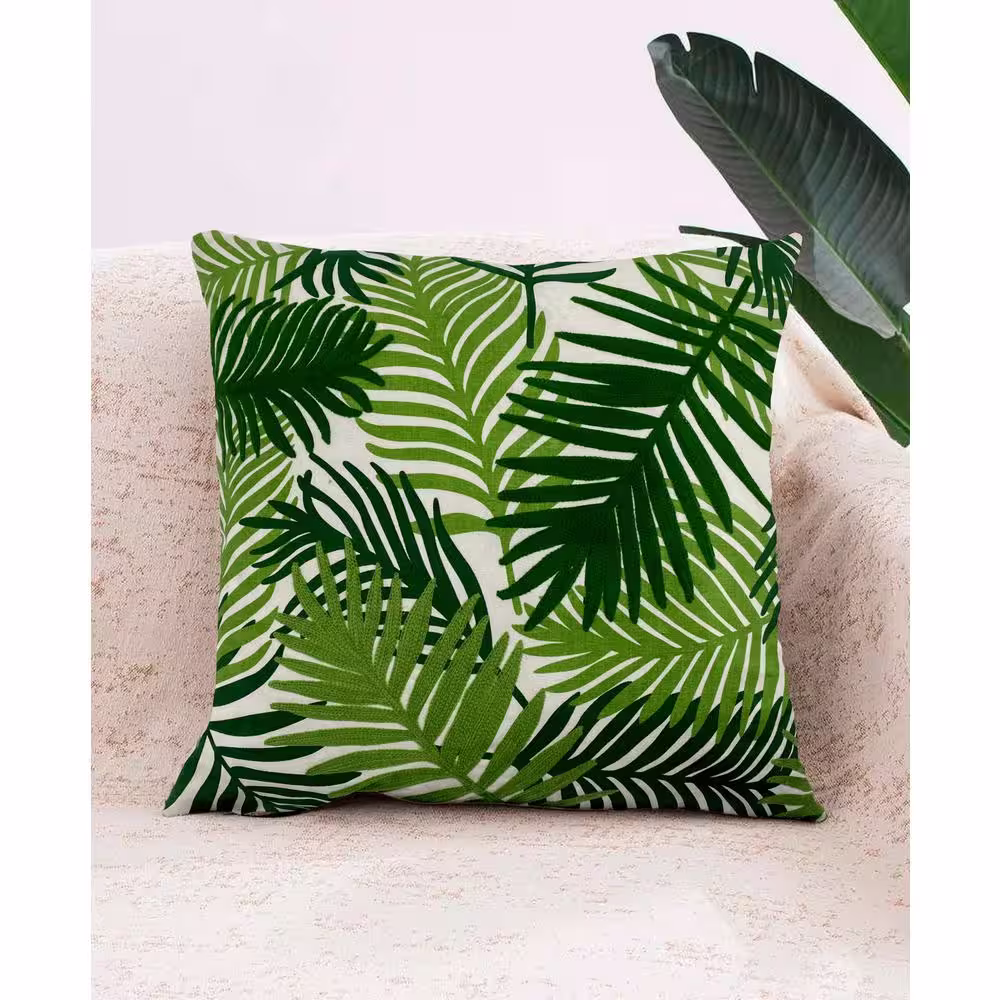 None Green Palm Leaves Embroidery Polyfill 20 in. x 20 in. Square Throw Pillow