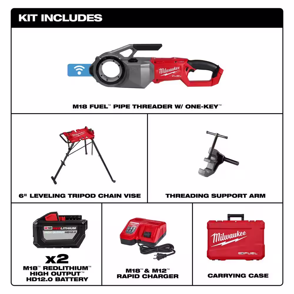 Milwaukee M18 Fuel One-Key Cordless Brushless Pipe Threader Kit with Portable Leveling Tripod Chain Vise Stand