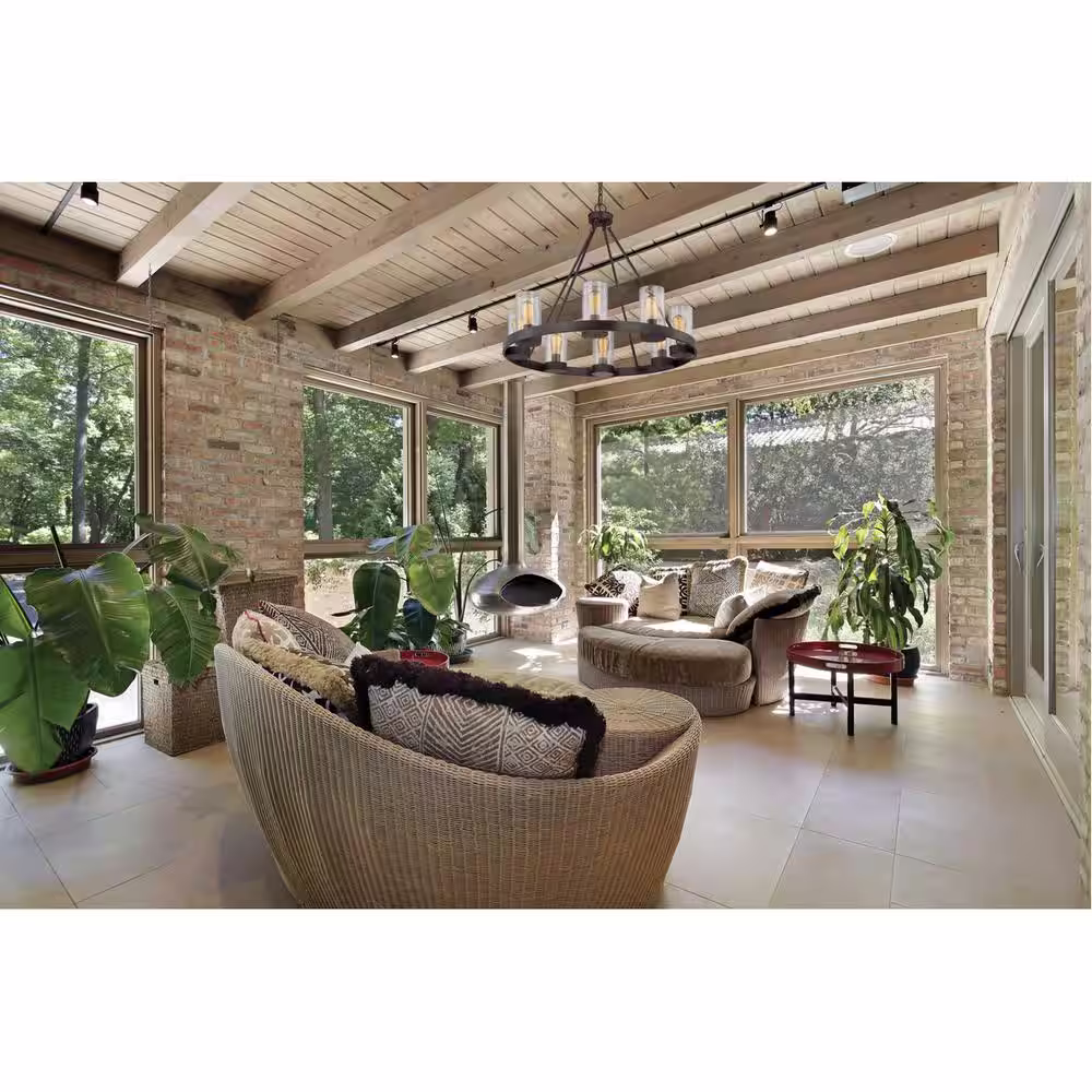 Savoy House Inman 32 in. W x 27.63 in. H 8-Light English Bronze Outdoor Chandelier with Clear Cylindrical Glass Shades