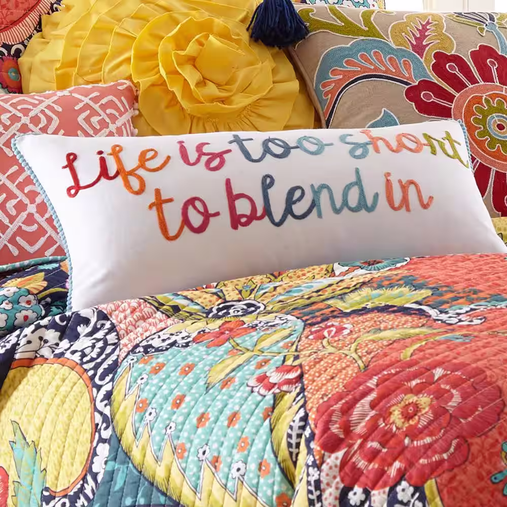 LEVTEX HOME Jules Multicolored Life Is Too Short to Blend in Embroidered with Pom Trim 12 in. x 24 in. Throw Pillow