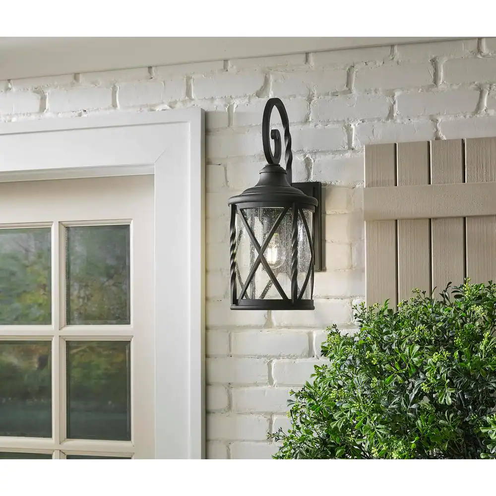 Home Decorators Collection Walcott Manor 18.75 in. 1-Light Black Industrial Outdoor Wall Lantern Sconce with Clear Seeded Glass