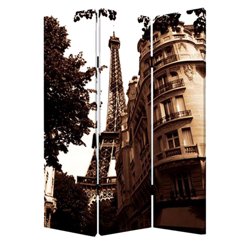 Benjara Brown 3 Panel Foldable Canvas Screen with Eiffel Tower Print