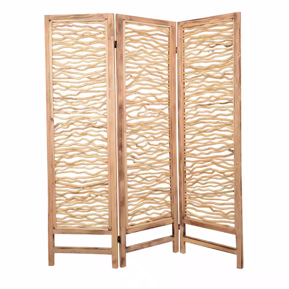 Benjara Brown 3 Panel Contemporary Wood Screen with Horizontal Branch Design