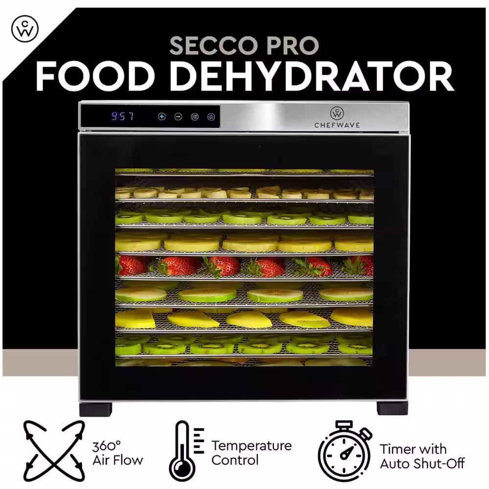 CHEFWAVE 10 Tray Food Dehydrator with Stainless Steel Racks, Temp + Time Control