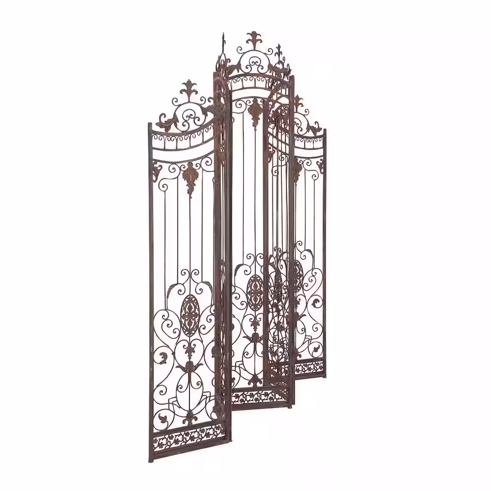 Litton Lane 7 ft. Bronze 5 Panel Hinged Foldable Arched Partition Room Divider Screen with Relief Acanthus Design