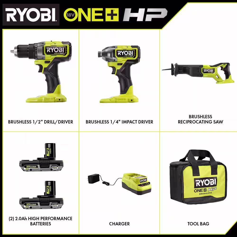 RYOBI ONE+ HP 18V Brushless Cordless 3-Tool Combo Kit w/Drill/Driver, Impact Driver, Recip Saw, Batteries, Charger, & Bag