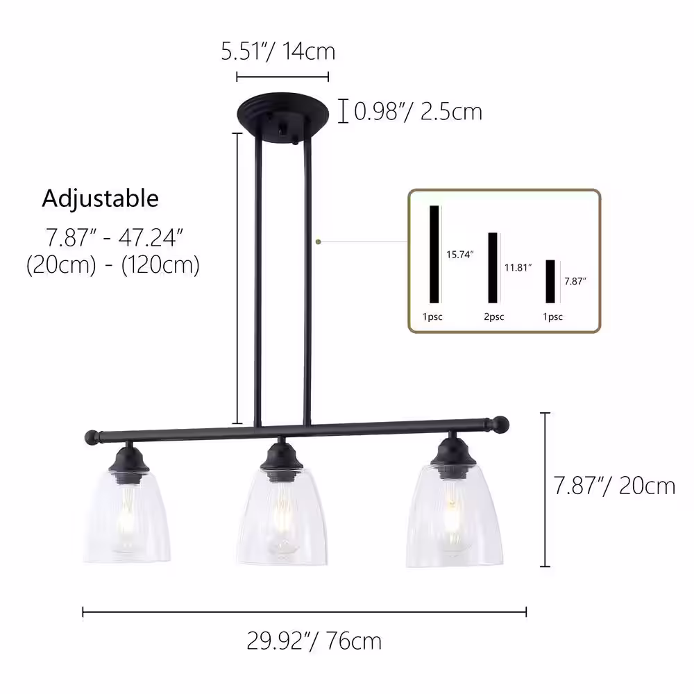 aiwen 30 in. 3-Light Black Kitchen Island Linear Pendant Light Metal Farmhouse Chandeliers with Glass Shade