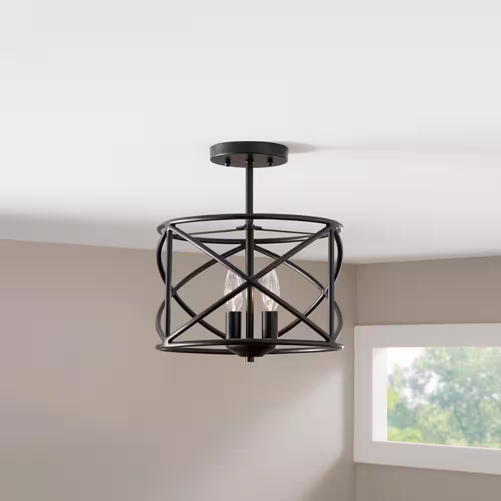 Hampton Bay Hastings 13.5 in. 2-Light Satin Bronze Industrial Caged Drum Ceiling Semi Flush Mount Light