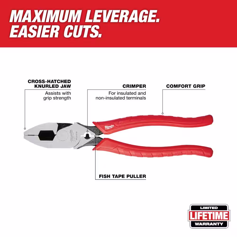 Milwaukee 10 in. High Leverage Lineman's Pliers with Crimper and Long Nose Pliers & 6 in./10 in. Straight-Jaw Pliers Set (4-Piece)