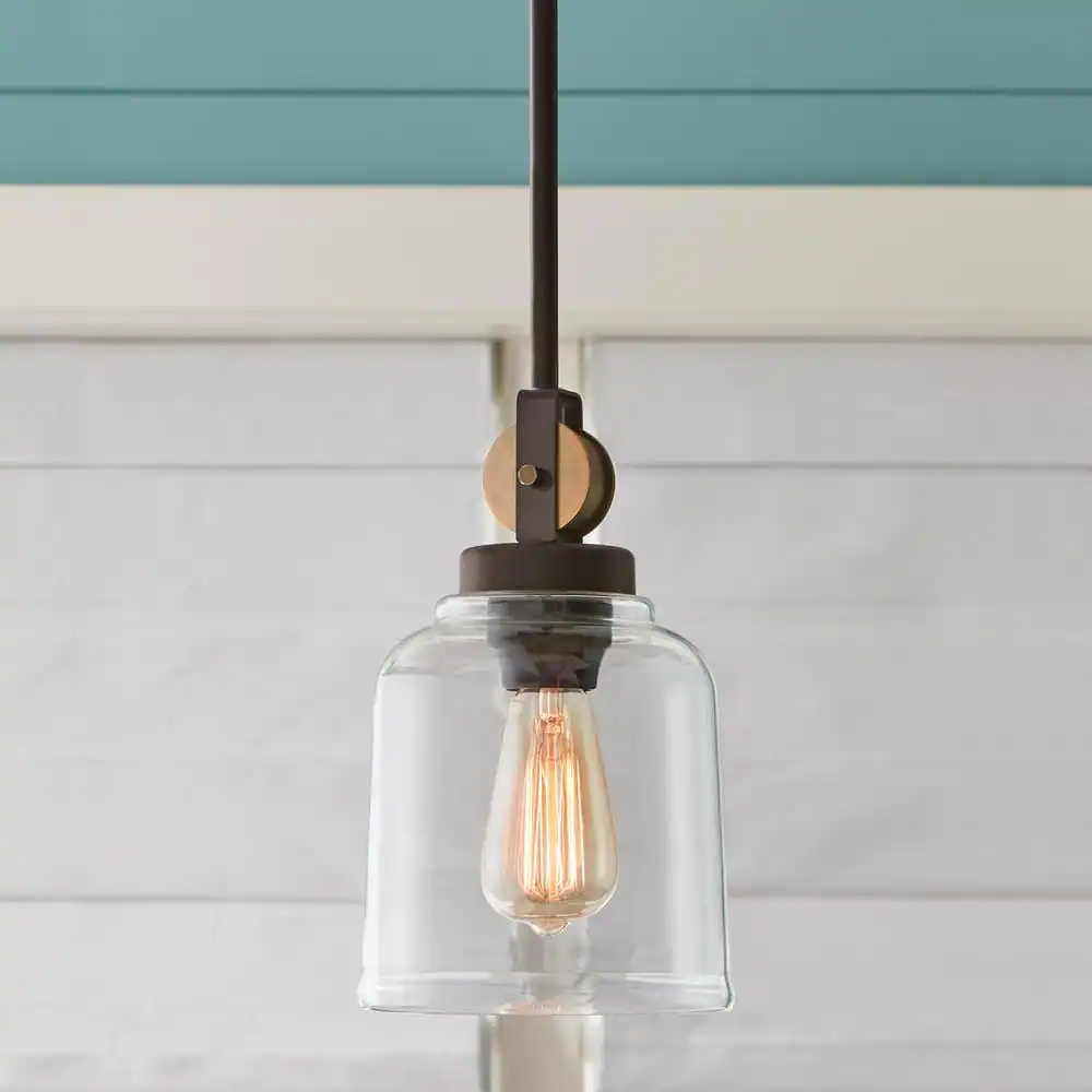 Home Decorators Collection Knollwood 7 in. 1-Light Black Bronze Vintage Brass Accents Industrial Mini Pendant Light for Kitchen Bulb Included