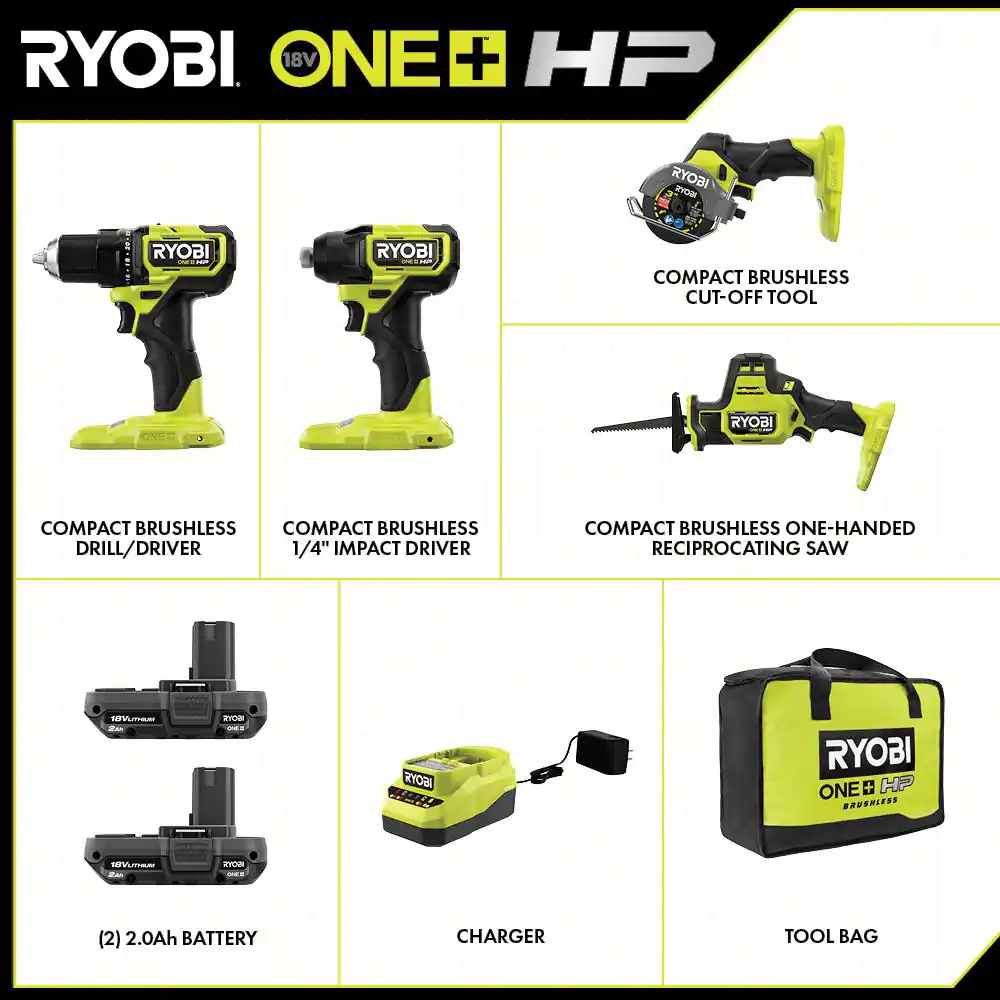 RYOBI ONE+ HP 18V Brushless Cordless Compact 4-Tool Combo Kit with (2) 2.0 Ah Batteries, Charger, and Bag